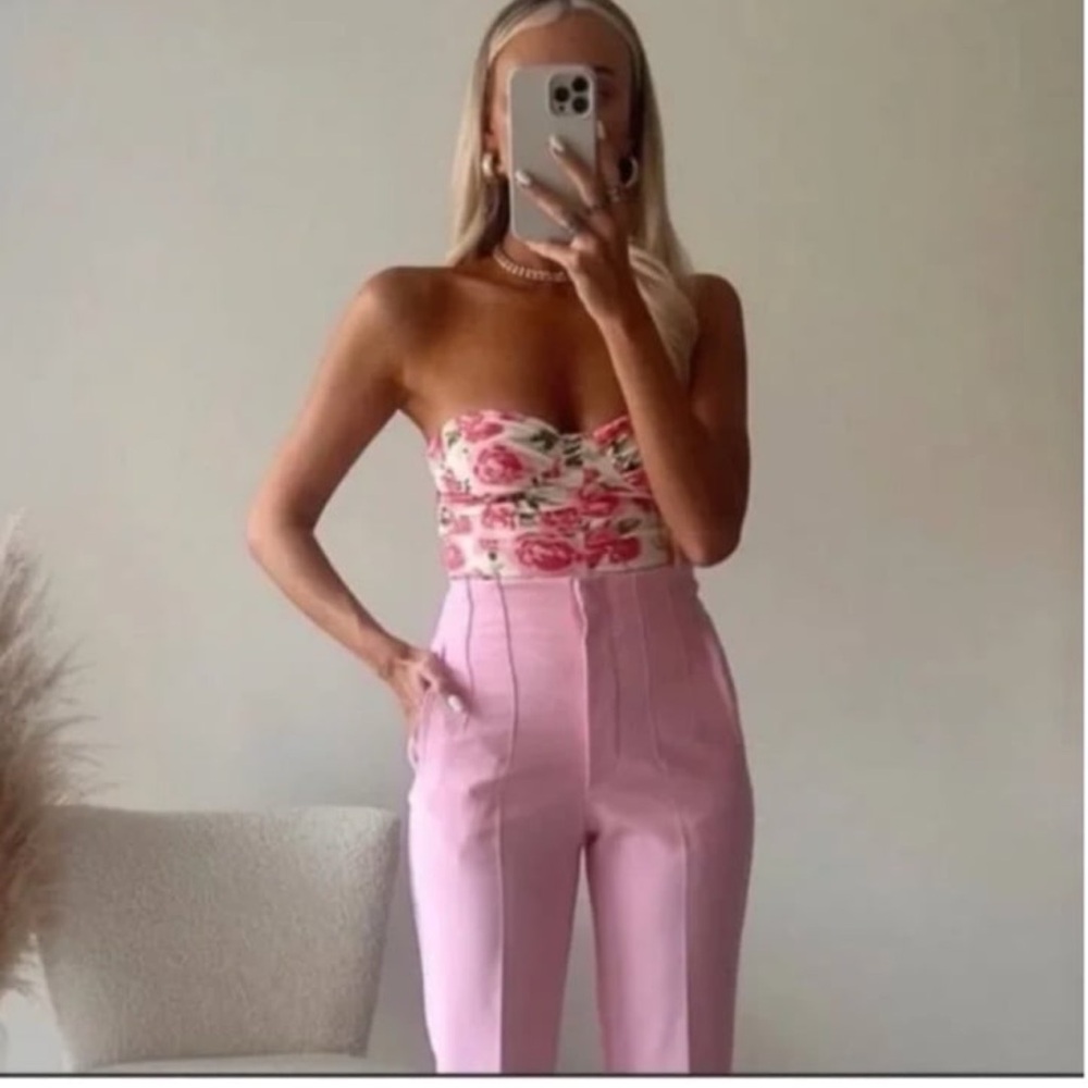 Zara Draped Ruched Floral Pink Rose Bodysuit
